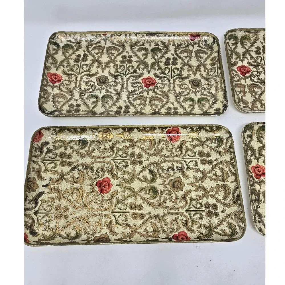 Vtg Viking Import Japan paper mache trays set of 4 floral Chinoiserie